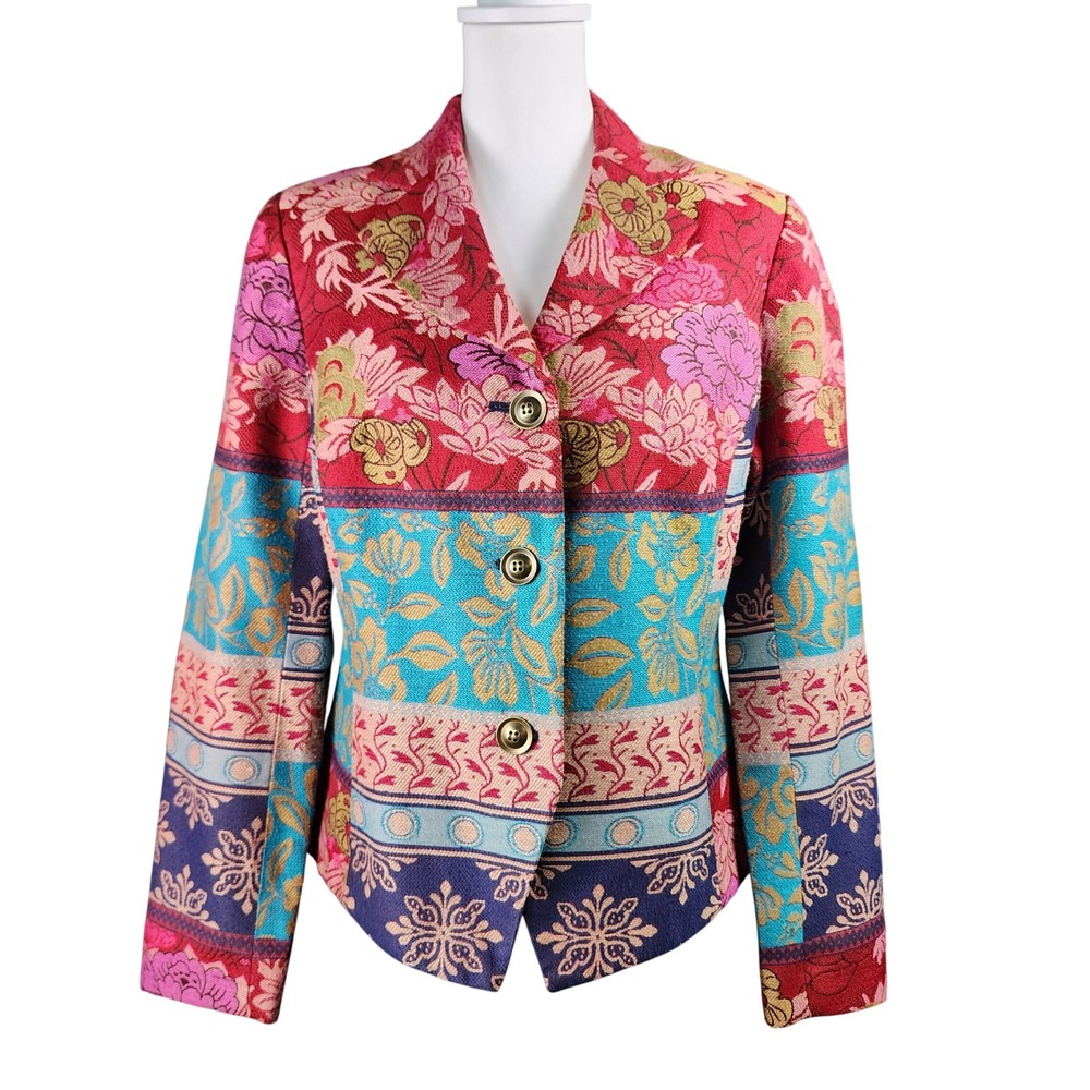 Coldwater‎ Creek Blazer Jacket Womens 12 Red Turquoise Floral Tapestry Patchwork